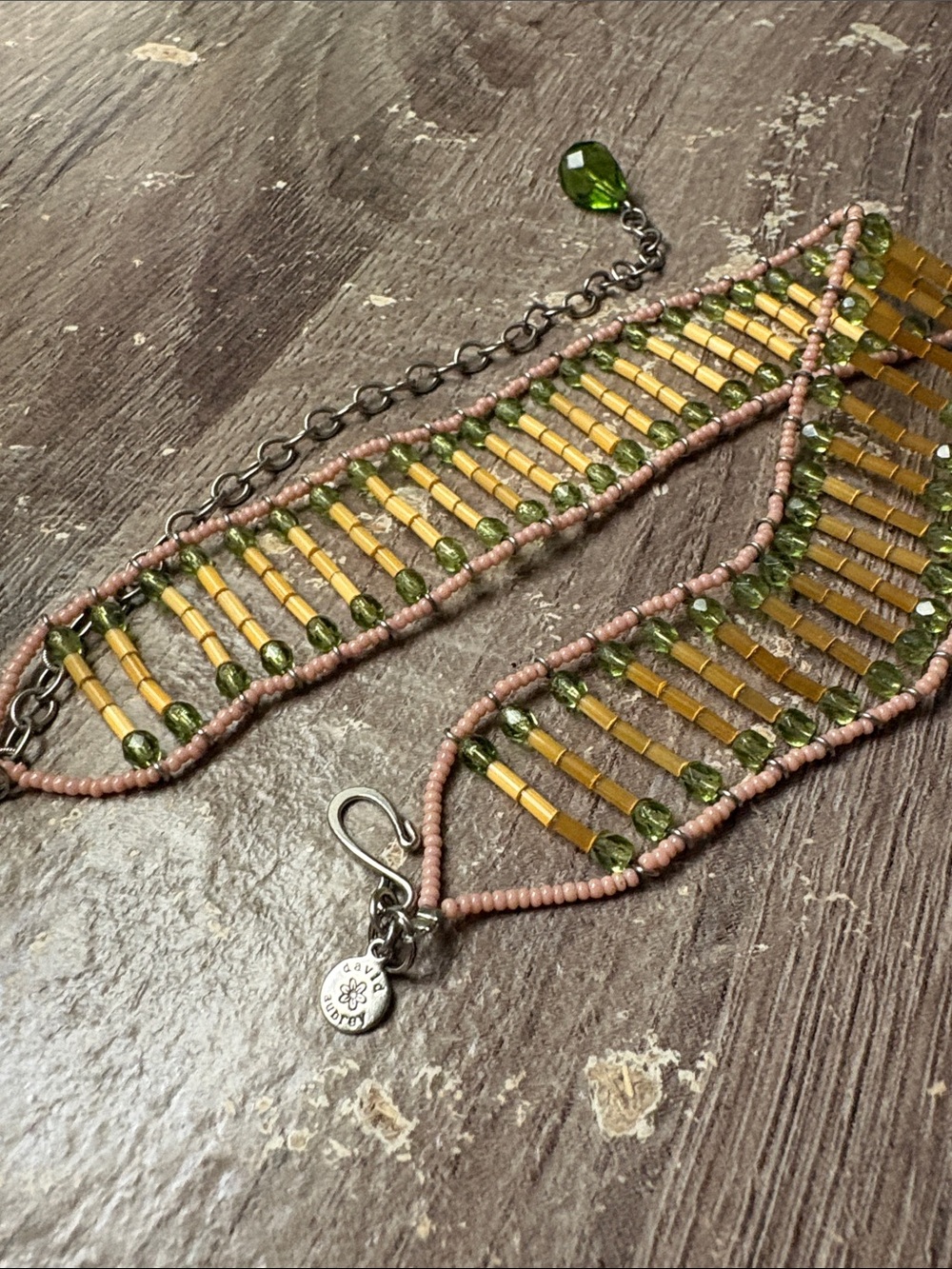 Gorgeous Beaded David Aubrey Green & Gold Woven Choker Necklace